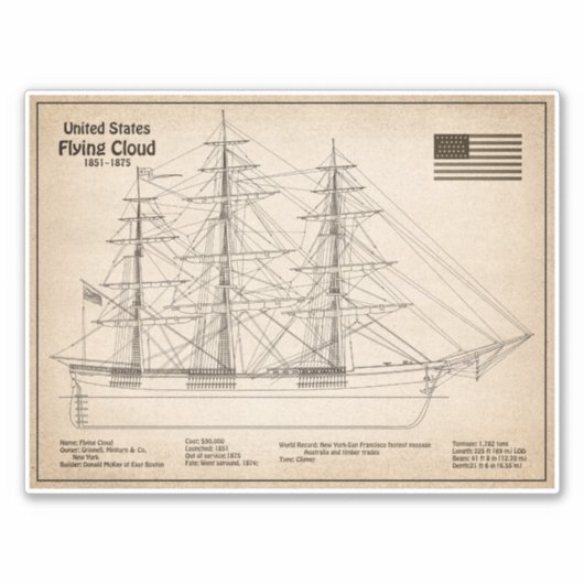Clipper Ship Flying Cloud - Ship Blueprint SD Aufkleber (Vorderseite)