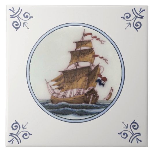 Clipper Ship Polychrome Delft Repro Antique Tile Fliese (Vorderseite)