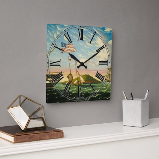 Clipper Ships Boston Hafen 1800er Quadratische Wanduhr (Büro)