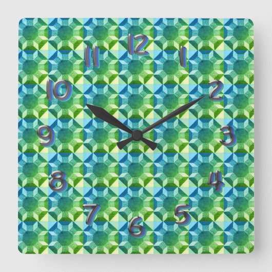 Clock - Blue and Green Quilt Pattern Quadratische Wanduhr (Vorderseite)