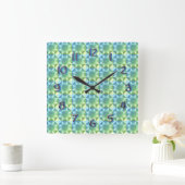 Clock - Blue and Green Quilt Pattern Quadratische Wanduhr (Zuhause)