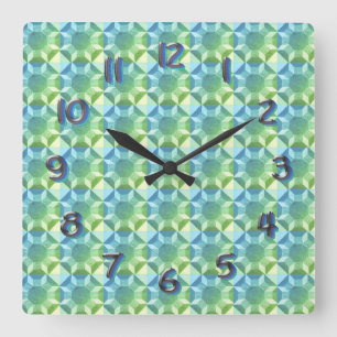 Clock - Blue and Green Quilt Pattern Quadratische Wanduhr