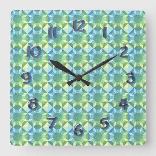 Clock - Blue and Green Quilt Pattern Quadratische Wanduhr (Vorderseite)