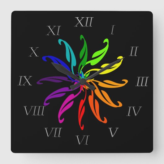 Clock - Color Wheel leaves with Roman Numerals Quadratische Wanduhr (Vorderseite)