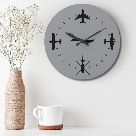 Clock Face with Airplane icons Cool Pilot Aviation Große Wanduhr