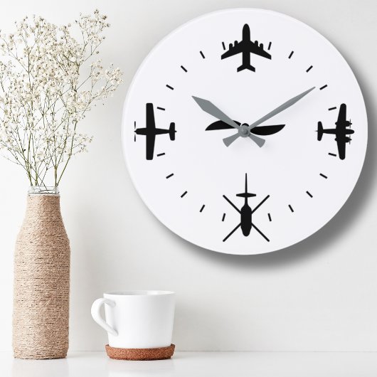 Clock Face with Airplane icons Cool Pilot Aviation Große Wanduhr