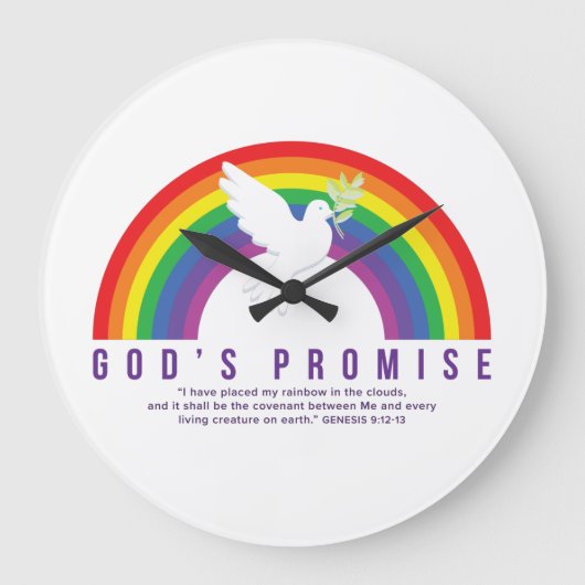 Clock Rainbow God's Promise w/Dove Genesis Script Große Wanduhr (Vorderseite)