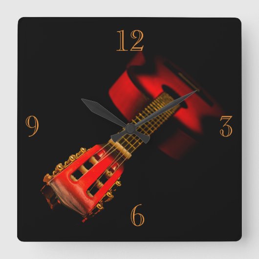 CLOCK - RED GUITAR ON BLACK QUADRATISCHE WANDUHR (Vorderseite)