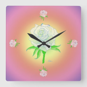 Clock - Rose and Rainbow (warm) Quadratische Wanduhr
