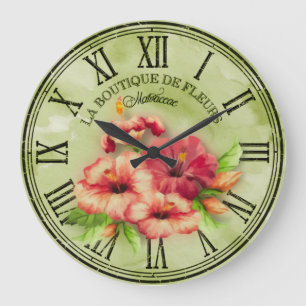Clock Round Vintag Look "Hibiskus" Var01 Große Wanduhr