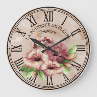 Clock Round Vintag Look "Hibiskus" Var02 Große Wanduhr