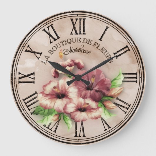 Clock Round Vintag Look "Hibiskus" Var02 Große Wanduhr (Vorderseite)