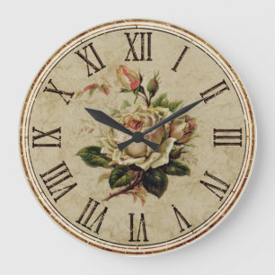 Clock Round Vintag Shabby Look "Rose" natur Große Wanduhr