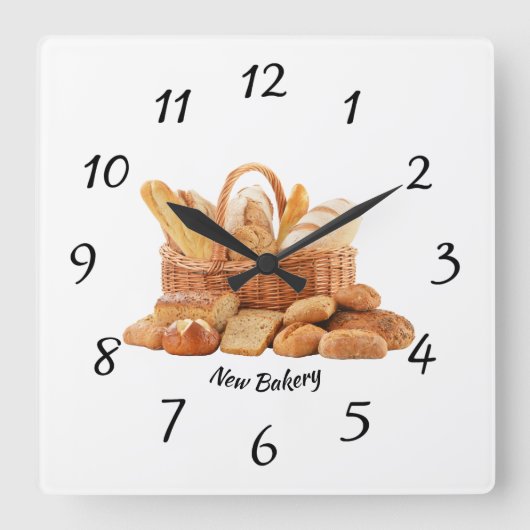 clock, square, bakery, bread, pane quadratische wanduhr (Vorderseite)