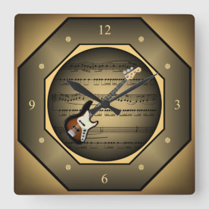 Clock-Tagon ~ Electric Guitar ~ Sheet Music ~ Quadratische Wanduhr