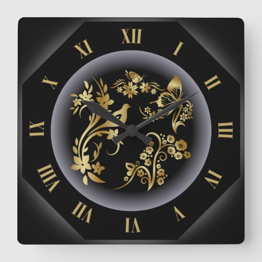 Clock-Tagon ~ Golden Bird ~ Butterfliegen ~ Blume  Quadratische Wanduhr (Vorderseite)