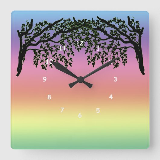 Clock - Weeping Branch and Rainbow Quadratische Wanduhr (Vorderseite)