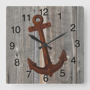 Clock with Barn Wood Background and Rusty Anchor Quadratische Wanduhr