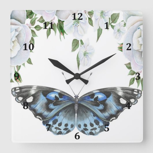 Clock with Blue Butterfly & Roses Quadratische Wanduhr (Vorderseite)