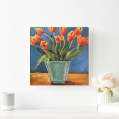 Clock with Red Orange Tulips Quadratische Wanduhr (Zuhause)