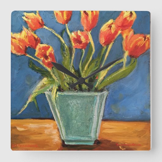 Clock with Red Orange Tulips Quadratische Wanduhr (Vorderseite)