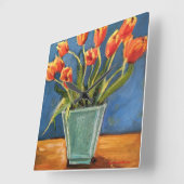 Clock with Red Orange Tulips Quadratische Wanduhr (Winkel)