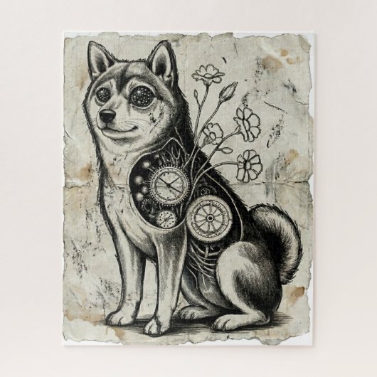 Clockwork Shiba – Gothic Overthinking Dog Puzzle (Vertikal)