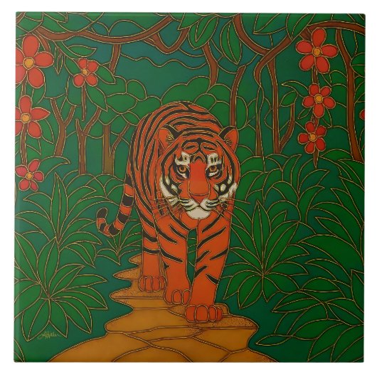 Cloisonne Art Tiger on the Jungle Path Fliese (Vorderseite)