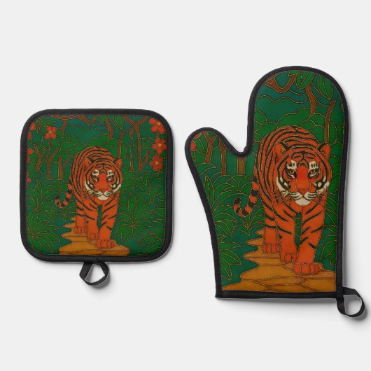Cloisonne Art Tiger on the Jungle Path Ofenhandschuh & Topflappen-Set (Vorderseite)