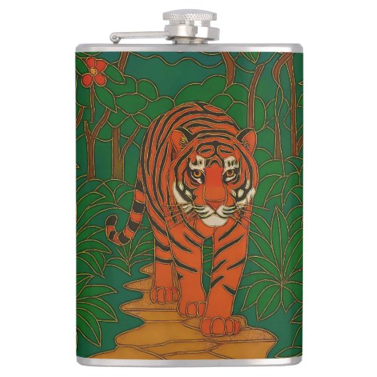 Cloisonne-Kunst Tiger auf dem Dschungelpfad Flachmann (Vorderseite)