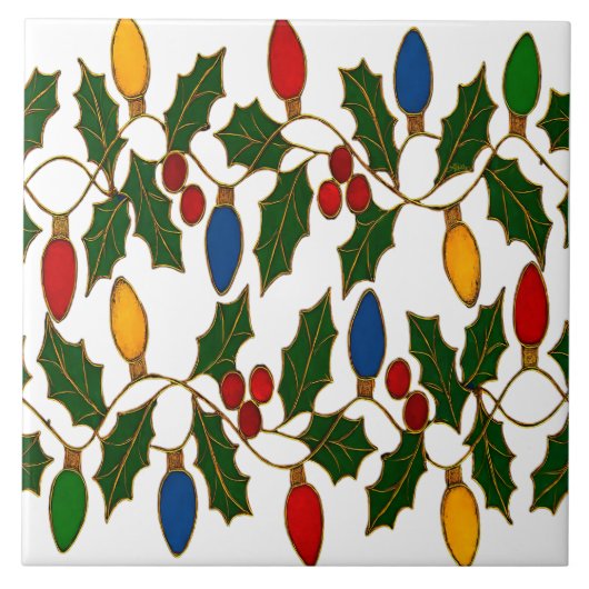Cloisonne Kunst Weihnachtslichter und Stechpalme Fliese (Vorderseite)