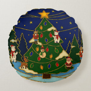 Cloisonne-Kunst Whimsical Wald Klassisches Weihnac Rundes Kissen