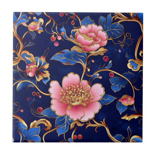 Cloisonne rosa blaue Blumenmuster Fliese (Vorderseite)