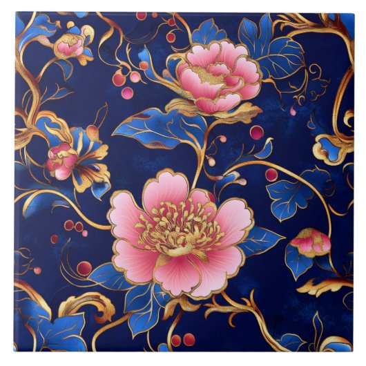 Cloisonne rosa blaue Blumenmuster Fliese (Vorderseite)