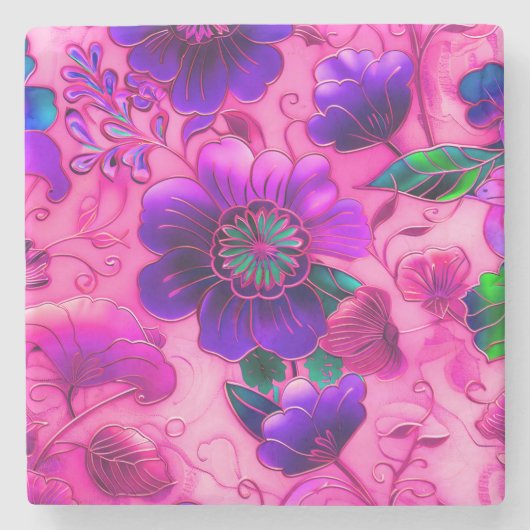 Cloisonrosa lila Blumenmuster Steinuntersetzer (Vorderseite)