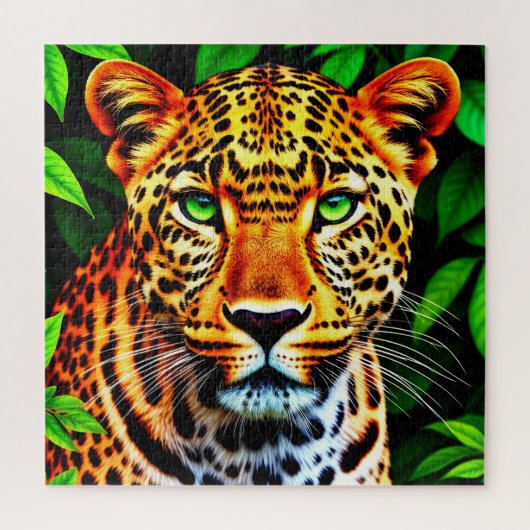 Close-Up Jaguar Leopard Face with Green Eyes Puzzle (Vertikal)