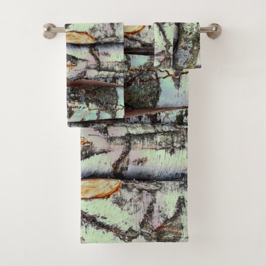 Close-up scene of birch log stumps, rustic charm badhandtuch set (Insitu)