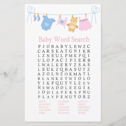 Clothesline Baby Shooter Word Search Game (Vorderseite)