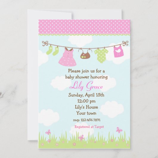 Clothesline Baby Shower Einladungen Mädchen (Vorderseite)