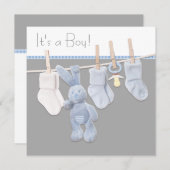 Clothesline Blau und Gray Baby Boy Dusche Einladung (Vorne/Hinten)