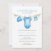 Clothesline Blue Boy Baby Shower Einladung (Vorderseite)
