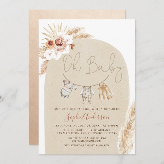 Clothesline Boho Pampas Grass Baby Dusche Einladung (Vorne/Hinten)