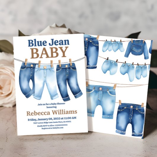 Clothesline Denim Boy Blue Jean Baby Shower Einladung