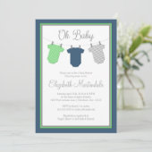 Clothesline Navy Green Baby Boy Dusche Einladung (Stehend Vorderseite)
