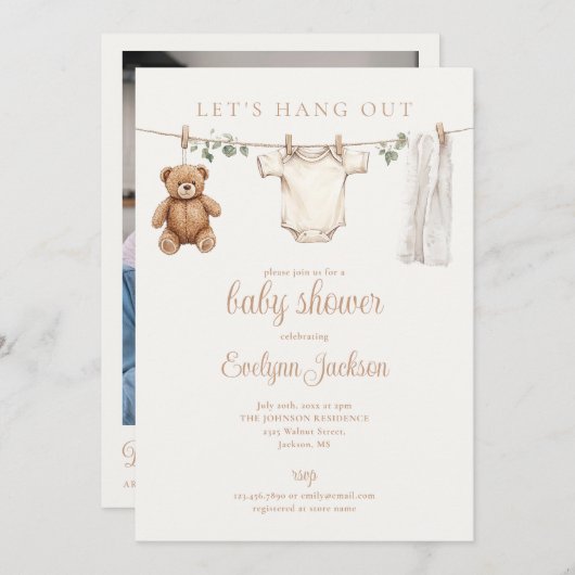 Clothesline Neutral Baby Shower Photo QR Code Einladung (Vorne/Hinten)