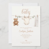 Clothesline Neutral Baby Shower Photo QR Code Einladung (Vorderseite)