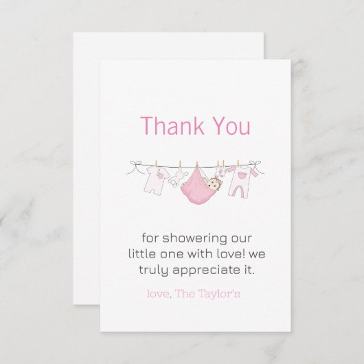Clothesline Niedlich Girl Baby Dusche Vielen Dank Dankeskarte (Vorne/Hinten)