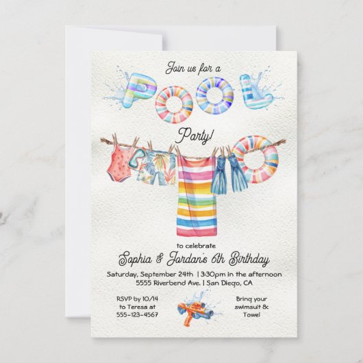 Clothesline Pool Party Geburtstag Einladung (Vorderseite)