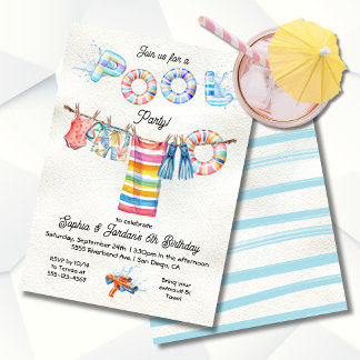 Clothesline Pool Party Geburtstag Einladung