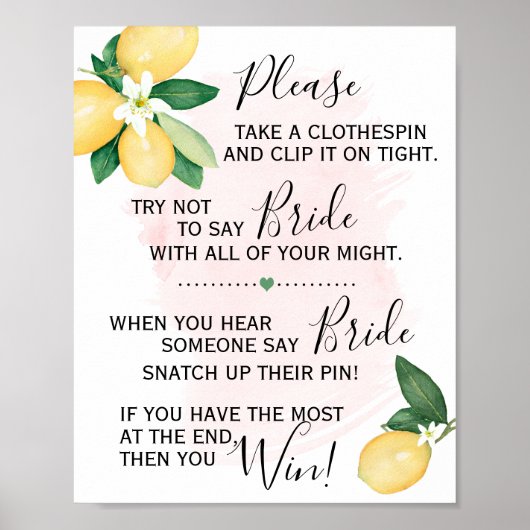Clothespin Brautparty Game Lemons Pink Poster (Vorne)